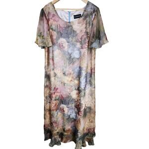 DE FRANTORIA Floral Muted Colors Rose Short Sleeve Maxi Dress SZ 16